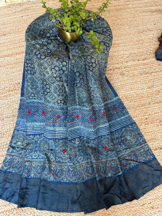 BLUE AJRAKH MODAL SILK STOLE WITH HAND EMBROIDERY MIRROR WORK