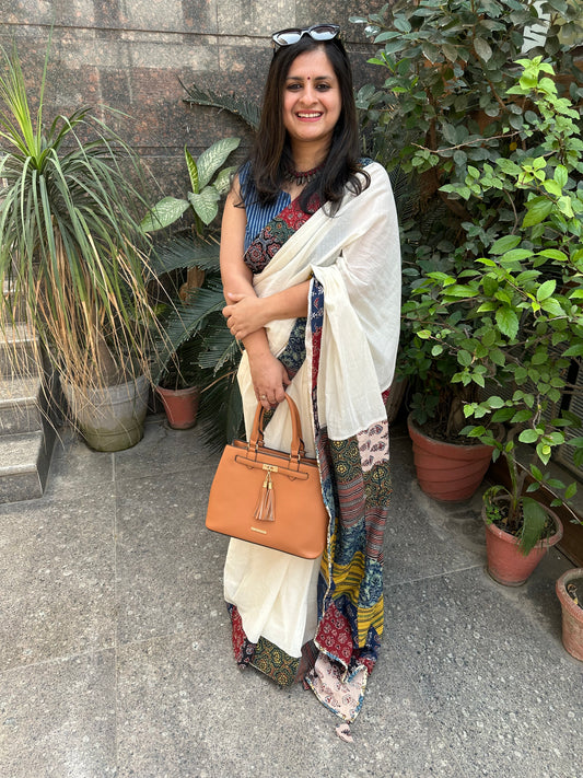 WHITE PATCH WORK  AJRAKH HAND CRAFTED MULL SAREE