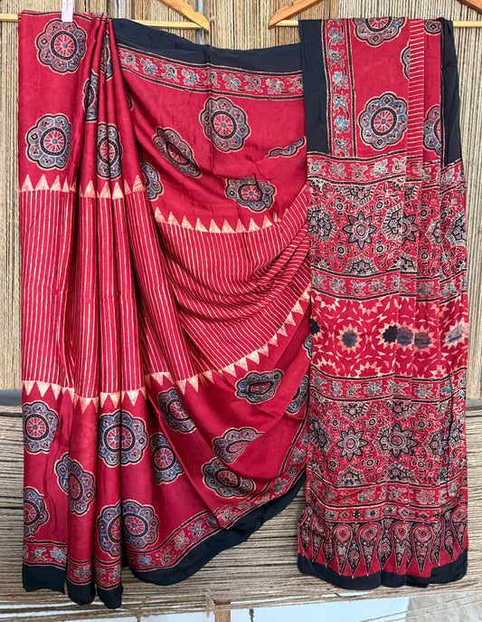 MAROON AJRAKH HANDCRAFTED  MODAL SILK SARI