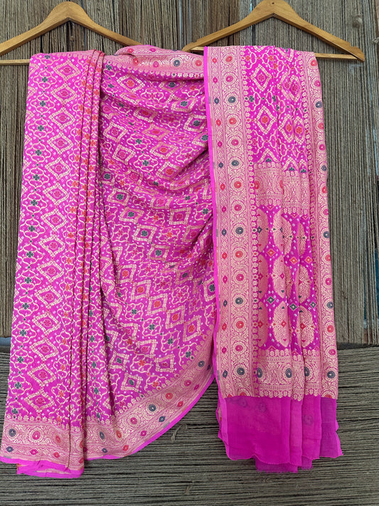 Hot Pink  Handwoven Neem Zari Bareek Bandhani Saree with Khaddi Georgette with Meenakari Work BS- 18