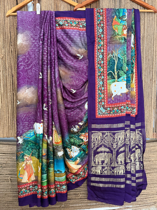 Purple  pichwai  modal silk patola print sari with zari border pms- 1047