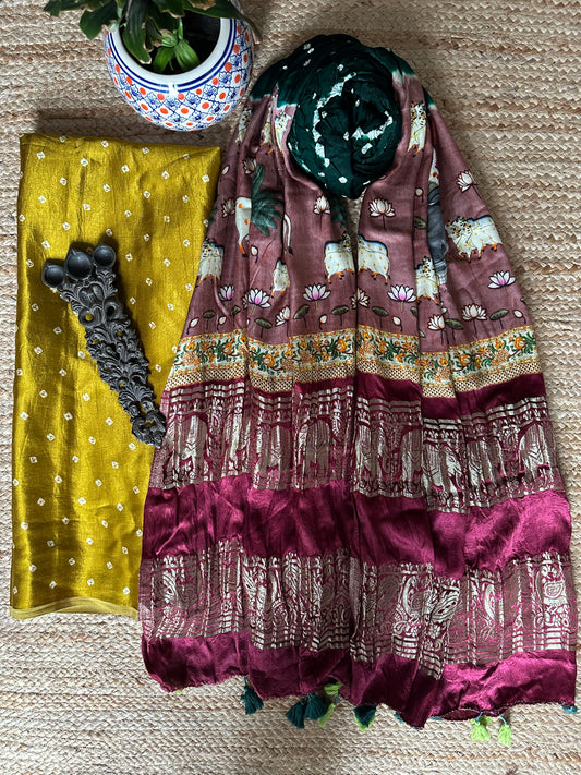 MUSTARD MASHRU KURTA WITH BANDHANI PICHWAI HANDCRAFTED  MODAL SILK DUPATTAS