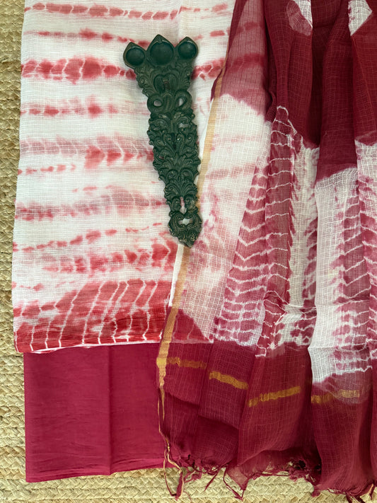 Red white shibori kota handblock suit set