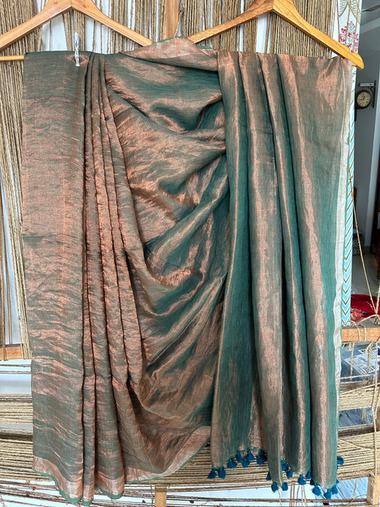 Oak leaf Green Metallic linen Sari with Silver woven  Border and Tassels