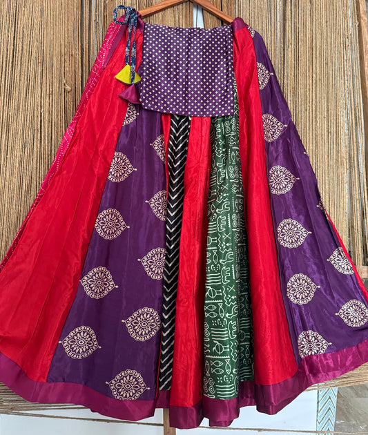 Purple mashru silk blouse-with Multicolour patchwork  handcrafted mashru silk Skirt