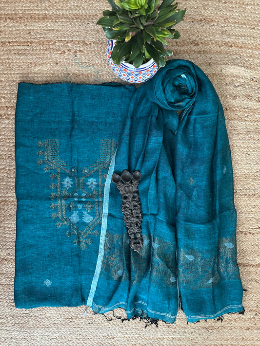 OCEAN BLUE  JAMDANI WOVEN LINEN  KURTA SET LJS- 1033