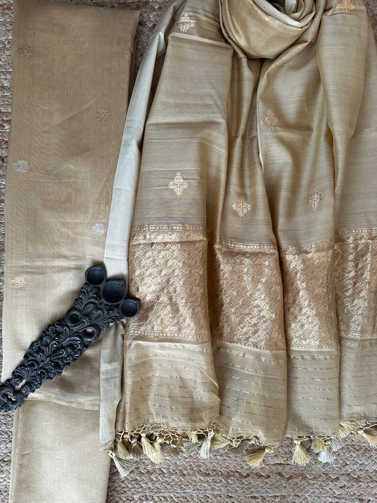Beige  Katan silk certified handloom Banarsi Booti three piece suit