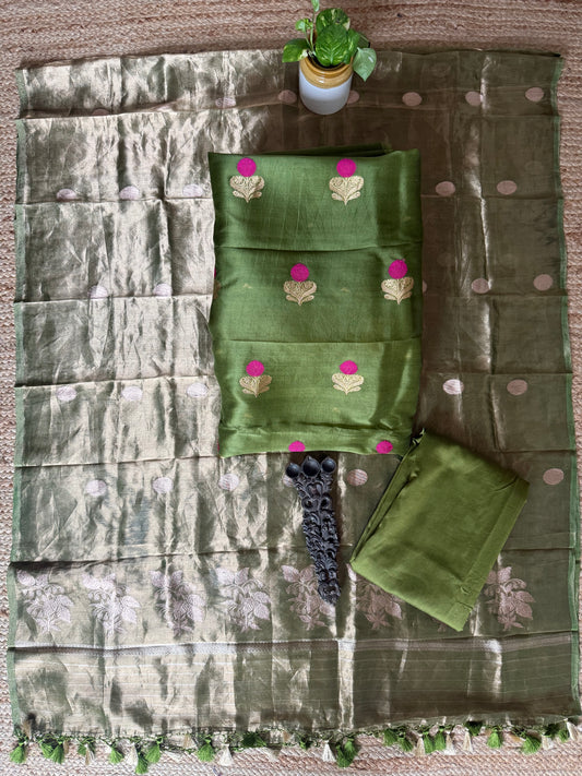 Lawn Green kora silk certified handloom banarsi kadwa booti meenakari three piece suit