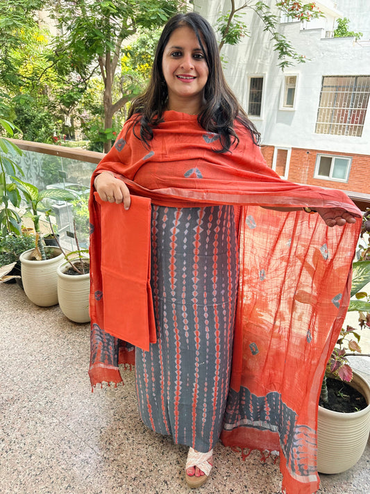 GREY ORANGE LINEN COTTON HANDBLOCK SUIT SET