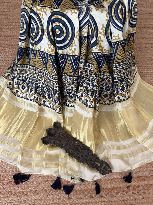 Beige ajrakh silk zari woven dupatta