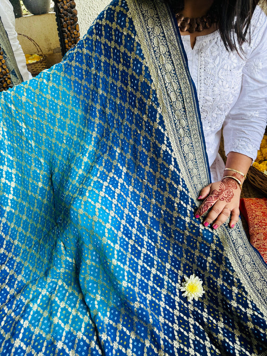 Dual shade blueHandwoven NeemZari Bareek Bandhani in Khaddi Georgette dupatta