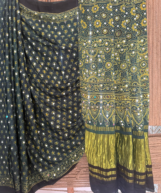 BOTTLE GREEN AJRAKH HANDCRAFTED MIRROR WORK MODAL SILK SARI WITH ZARI PALLU