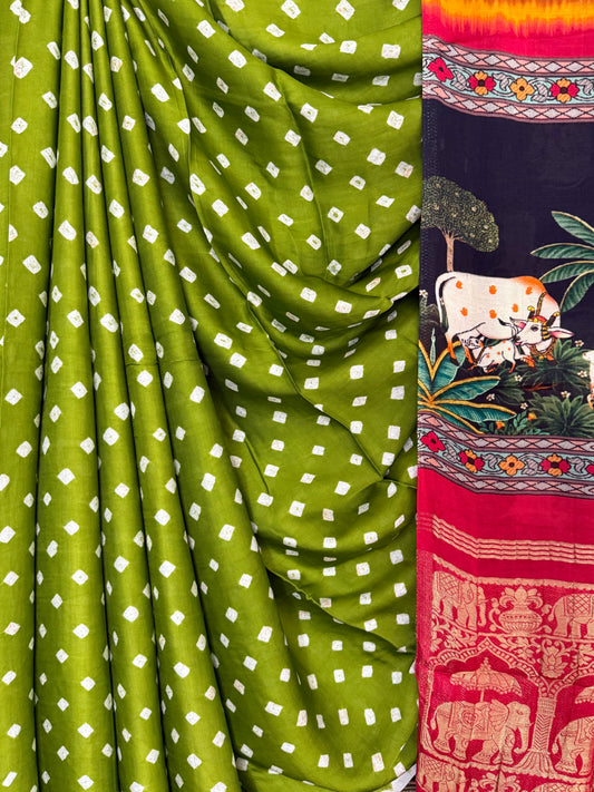 LIME RED MODAL SILK BANDHANI  SARI WITH PICHWAI PRINT BPS 41