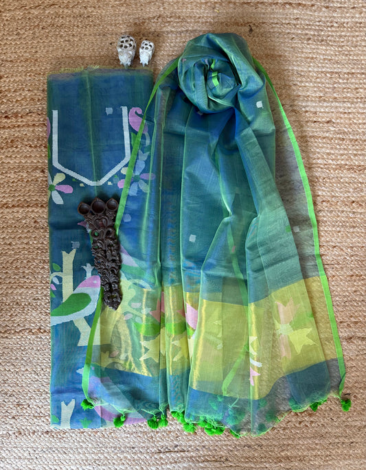 SEA GREEN HANDWOVEN JAMDANI PURE MUSLIN SILK KURTA SET MJK-109