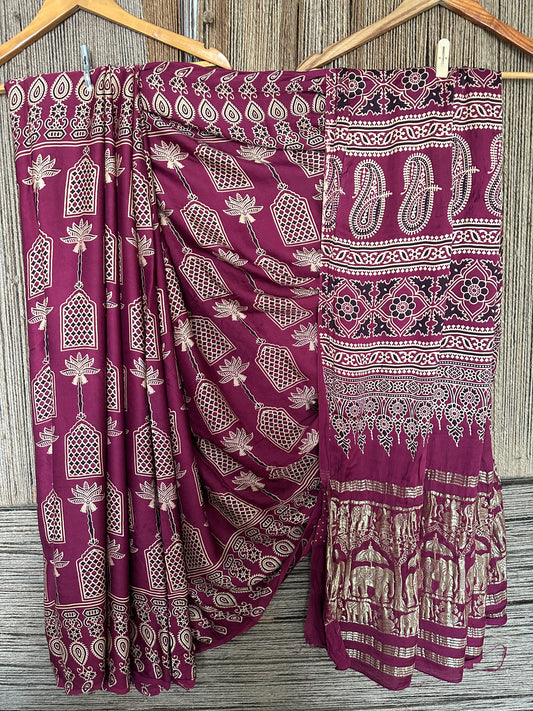 WINE MAROON  AJRAKH PRINT  MODAL SILK SARI WITH ZARI BORDER