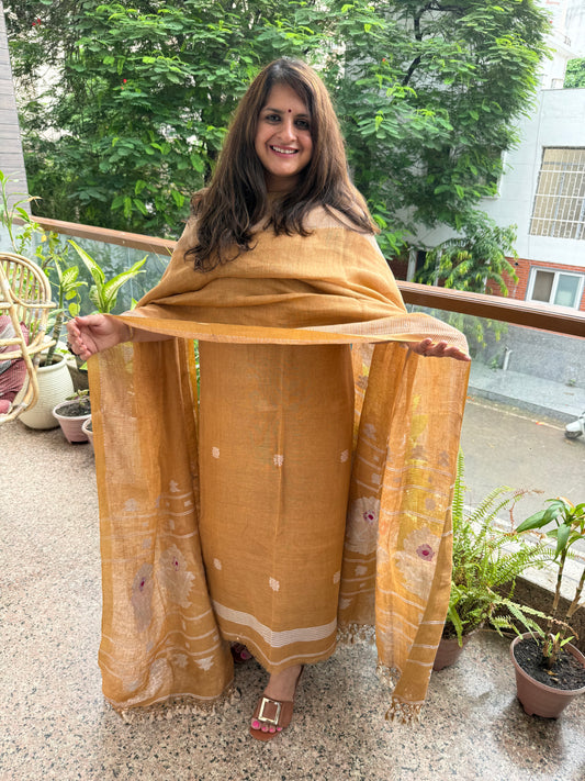 BROWN PURE JAYSHREE  LINEN JAMDANI HANDWOVEN KURTA SET