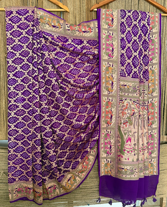 Ultra violet purple Handwoven Rai  Bareek Bandhani Saree Meenakari Jaal with Khaddi Georgette