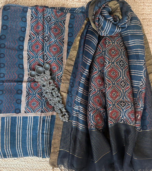 Oxford Blue Indigo blue ajrakh silk Linen handblock suit set