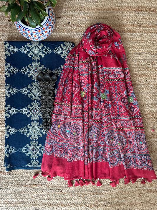 NAVY BLUE AJRAKH HANDBLOCK AND HAND EMBROIDERY KURTA WITH  AJRAKH HAND EMBROIDERY DUPATTA