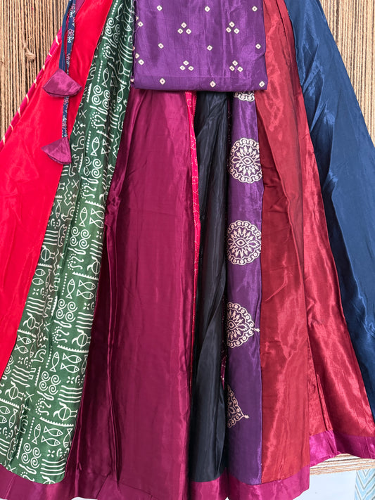 Purple mashru silk blouse-with Multicolour patchwork  handcrafted mashru silk Skirt