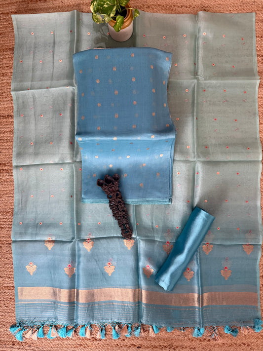 Baby Blue kora silk certified handloom banarsi kadwa booti meenakari Ombré Shade Duppatta three piece suit