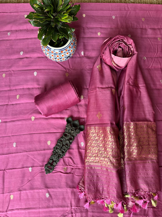 Purple  chanderi Katan silk certified handloom Banarsi Booti three piece suit