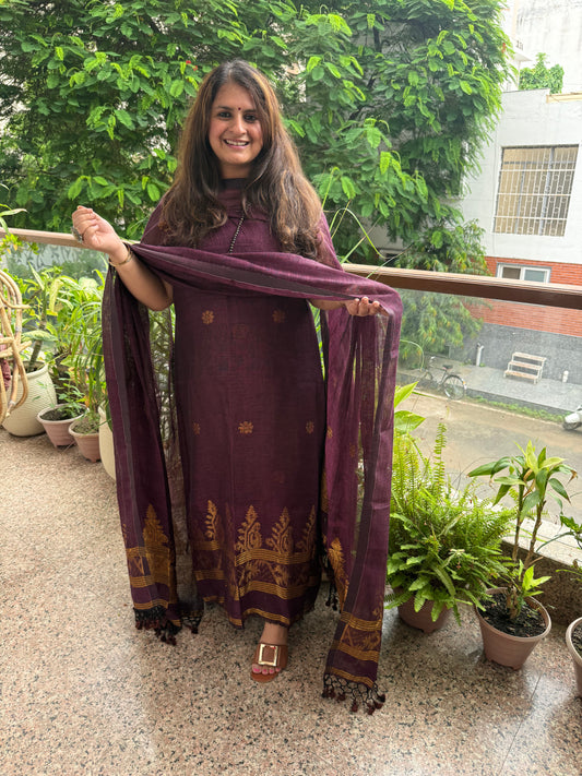 WINE PURPLE LINEN ZARI JAMDANI HANDWOVEN KURTA SET