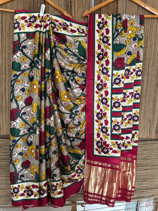 GRAY  PATOLA MODAL SILK KALAMKARI PRINT SARI WITH ZARI BORDER PMS-10148