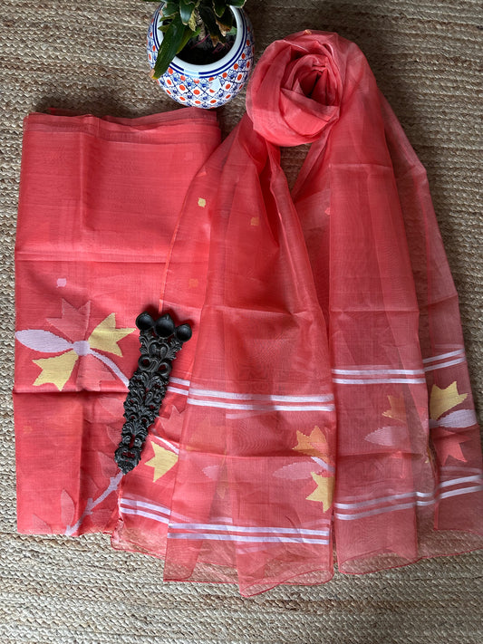 PEACH ORANGE HANDWOVEN JAMDANI PURE MUSLIN SILK KURTA SET MJK-44