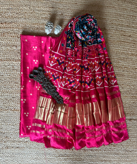 Pink mashru silk kurta with patola handcrafted modal silk dupatta