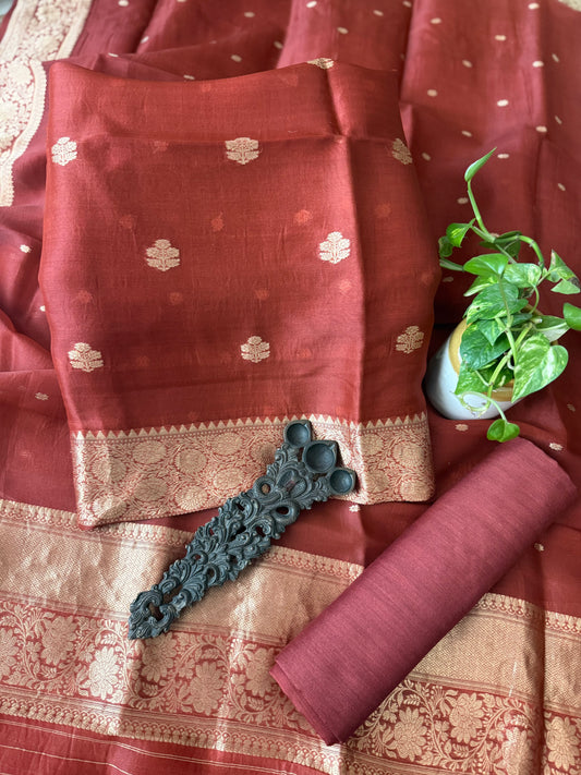 Maroon Burgundy Kora Silk Certified Handloom Banarsi Kadwa Booti Three Piece Suit