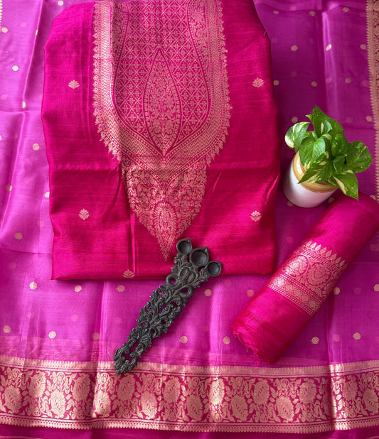 Rose Pink raw silk certified handloom banarsi kadwa butti with woven zari three piece suit