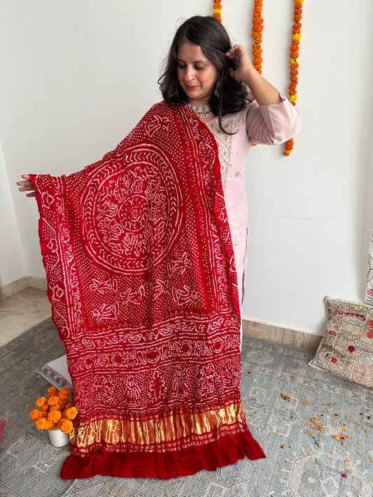 RED CHANDMUKHI RAI BANDHANI GAJJI SILK HANDWOVEN  DUPATTA