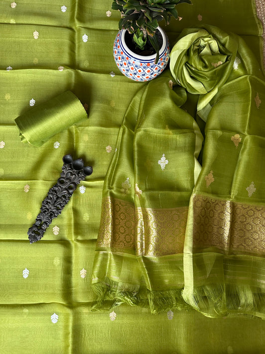 Mehendi Green Kora  silk certified handloom Banarsi Booti three piece suit