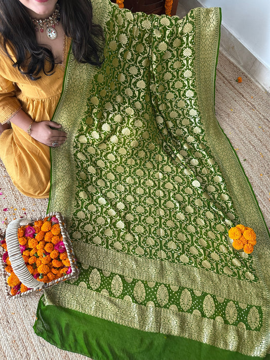 Gorillaz green Handwoven NeemZari Bareek Bandhani in Khaddi Georgette dupatta BD-1015