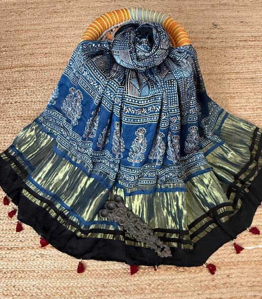 Blue ajrakh silk zari woven dupatta