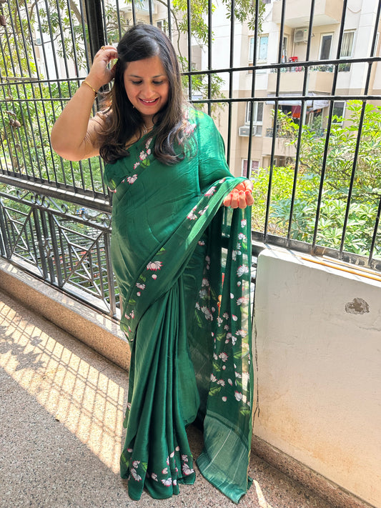 GREEN PICHWAI MODAL SILK PRINT SARI WITH ZARI BORDER