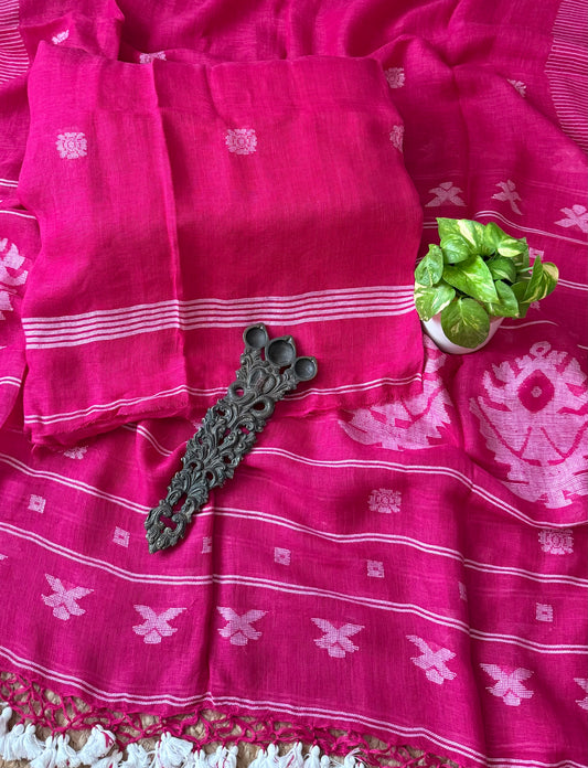 MAGENTA PINK PURE JAYSHREE  LINEN JAMDANI HANDWOVEN KURTA SET