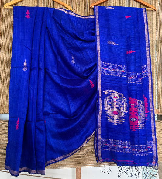Bright Royal Blue jamdani handwoven pure Matka  silk certified sari