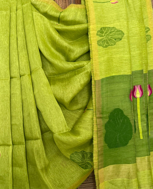 LIME GREEN COPPER TISSUE LINEN JAMDANI HANDWOVEN SARI WITH ELEGANT WOVEN MOTIFS