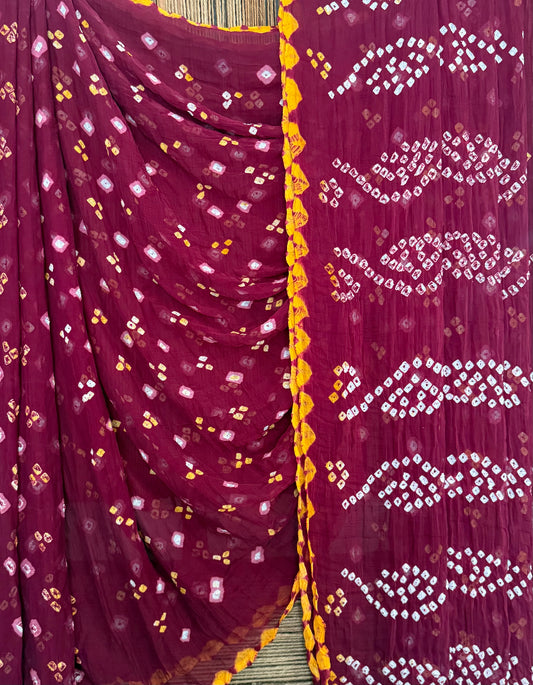 Burnt Maroon Bandhani handcrafted  chiffon sari