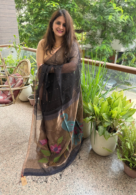 Shadow Black Jamdani sequence work handwoven pure muslin silk sari With Matka Silk Blouse Piece