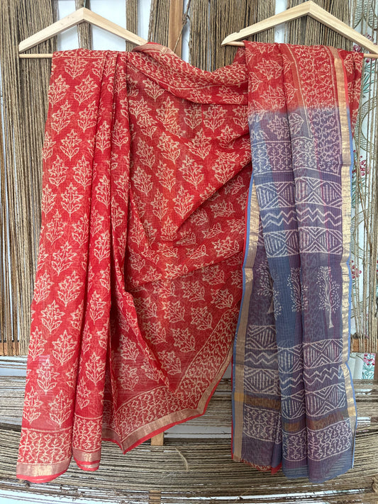 ORANGE PURPLE KOTA DORIA HANDBLOCK SARI