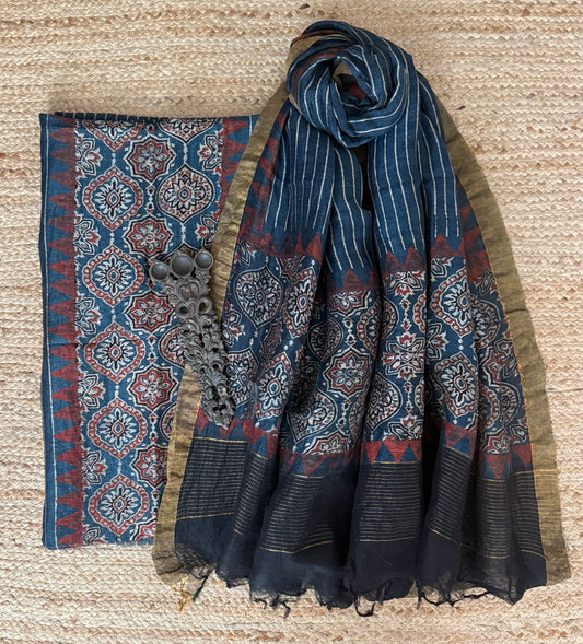 INDIGO BLUE AJRAKH BUTTA LINEN SILK HANDBLOCK SUIT SET