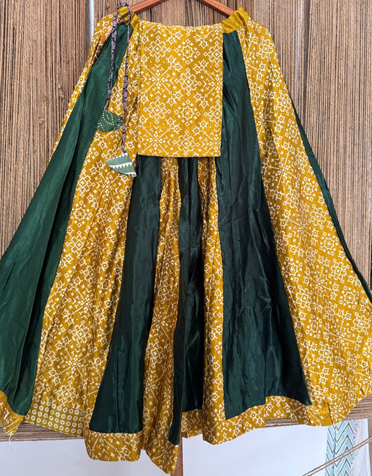 Mustard mashru silk blouse-with bandhani Patola patchwork  handcrafted mashru silk Skirt