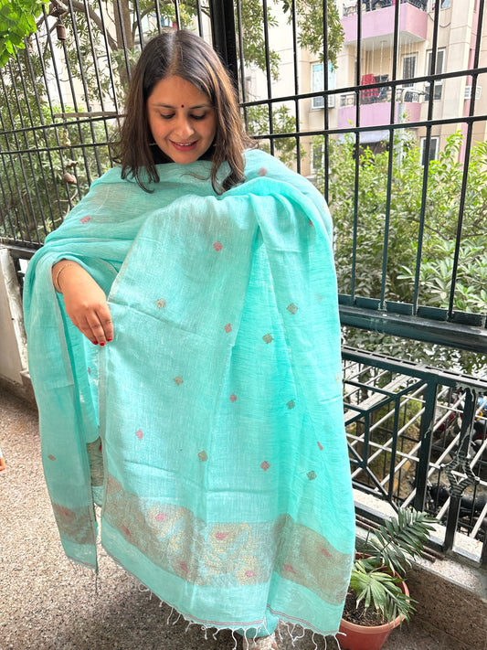 SEA GREEN JAMDANI WOVEN LINEN  KURTA SET