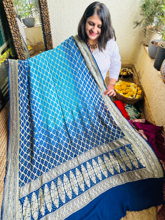 Dual shade blueHandwoven NeemZari Bareek Bandhani in Khaddi Georgette dupatta