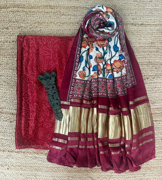 Maroon mashru  silk kurta with patola handcrafted modal silk dupatta ps-107