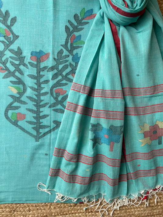 SEA BLUE JAMDANI WOVEN MULL KURTA SET