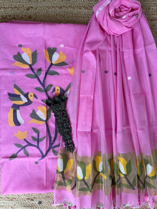 Ballet Slipper Pink handwoven jamdani pure cotton silk kurta set mjk